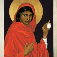 Mirjam aus Magdala – Erste Zeugin der Auferstehung. Rot bekleidet, wie eine Prostituierte, Haar nur halb verdeckt. (Carlos Ferrer)